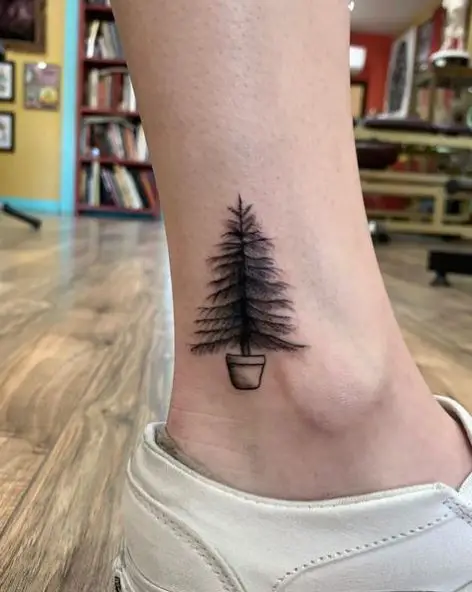 Pine Tree in Pot Ankle Tattoo