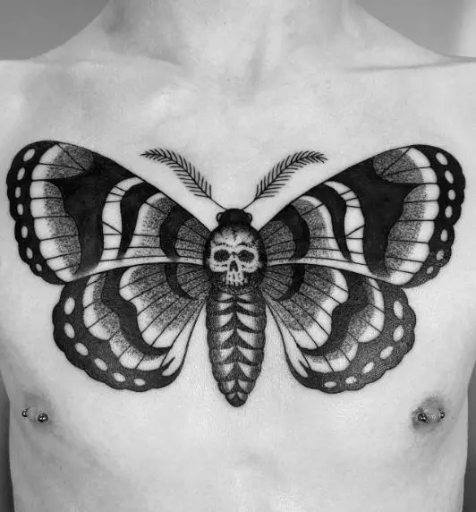 Black Death Moth Chest Tattoo