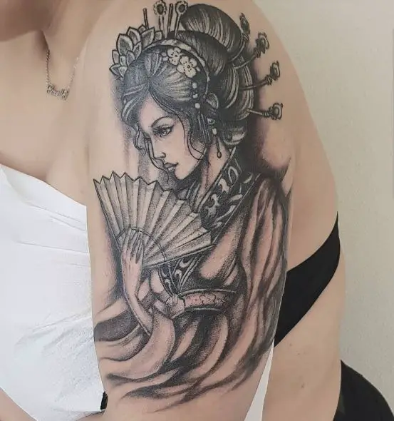 Grey Geisha with Hand Fan Arm Tattoo