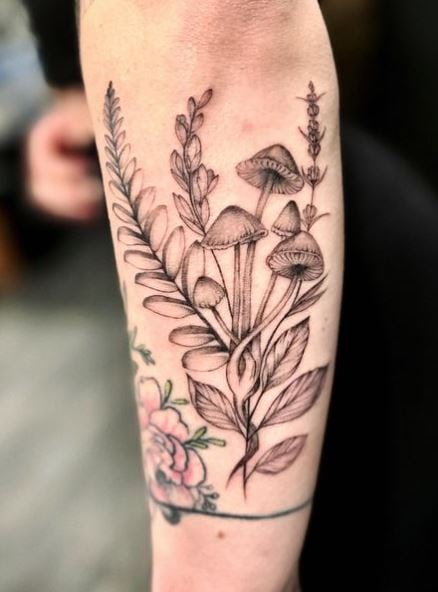 Floral Mushrooms Forearm Tattoo