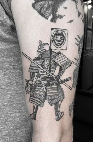 Grey Samurai with Flag Arm Tattoo