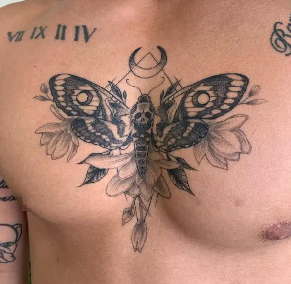 Flowers and Death Moth Chest Tattoo