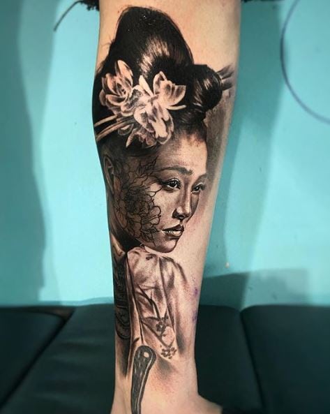 Geisha with Flowers in Hair Leg Tattoo