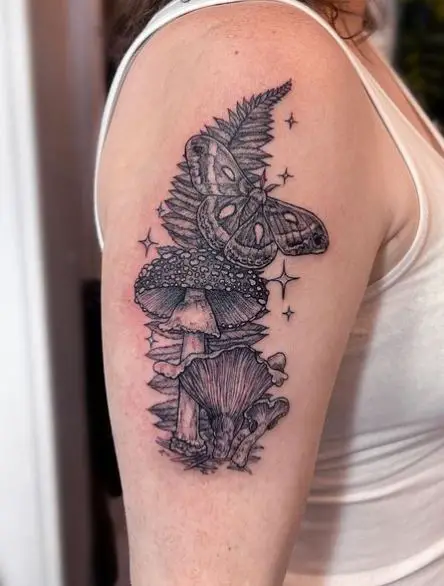 Moth and Mushrooms Arm Tattoo