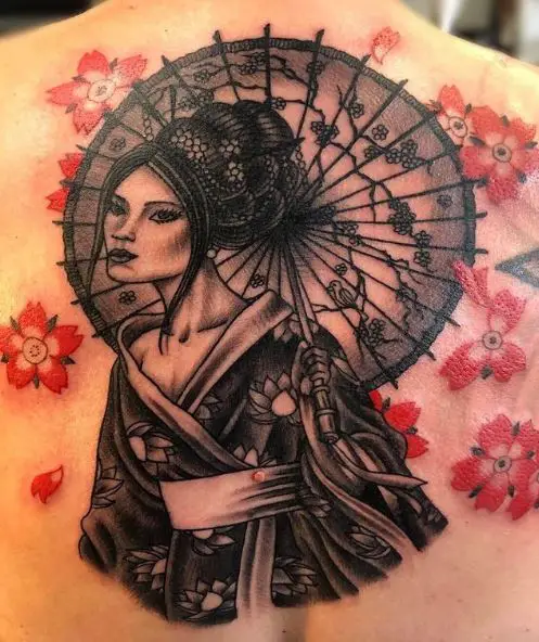 Flowers and Geisha with Umbrella Back Tattoo