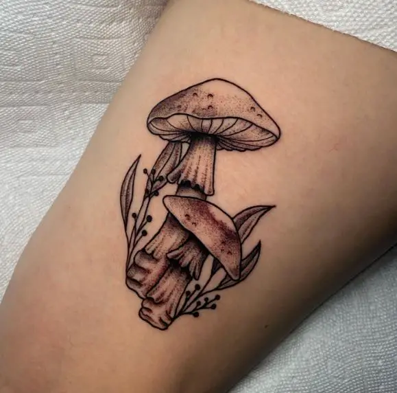 Two Mushrooms with Leaves Thigh Tattoo