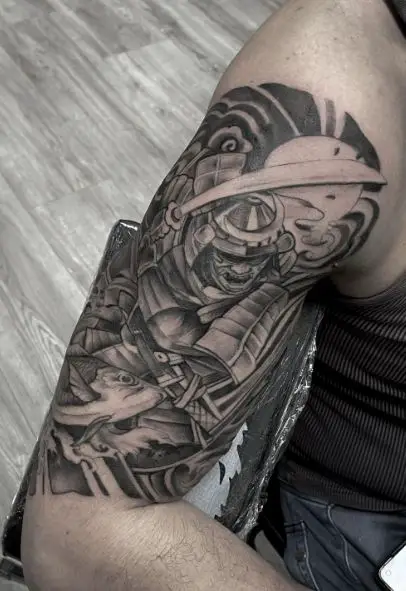 Koi Fish and Samurai with Katana Arm Tattoo