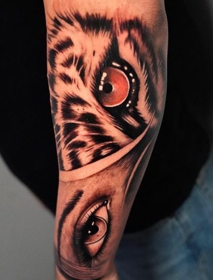 Half Girl Face Half Tiger Forearm Tattoo