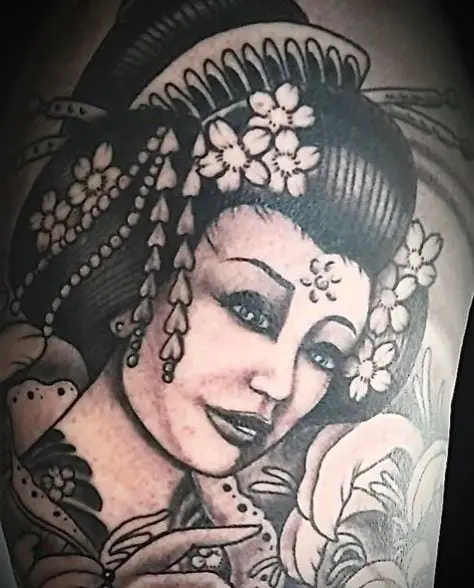 Black and Grey Realistic Geisha Tattoo