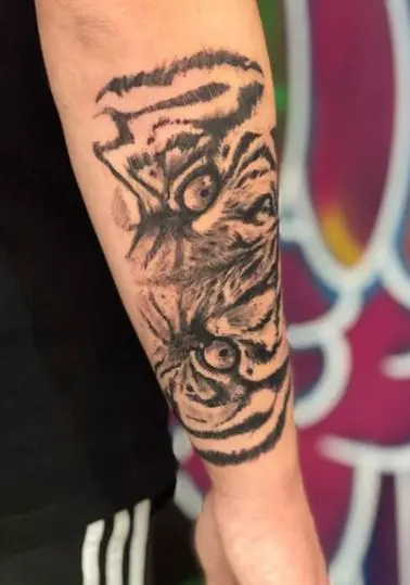 Black and Grey Tiger Forearm Tattoo