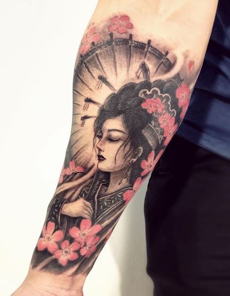 Red Flowers and Geisha with Umbrella Forearm Tattoo