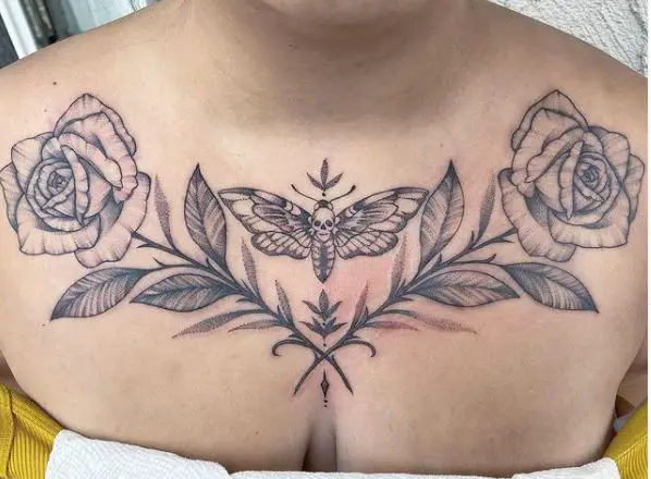 Roses and Death Moth Chest Tattoo