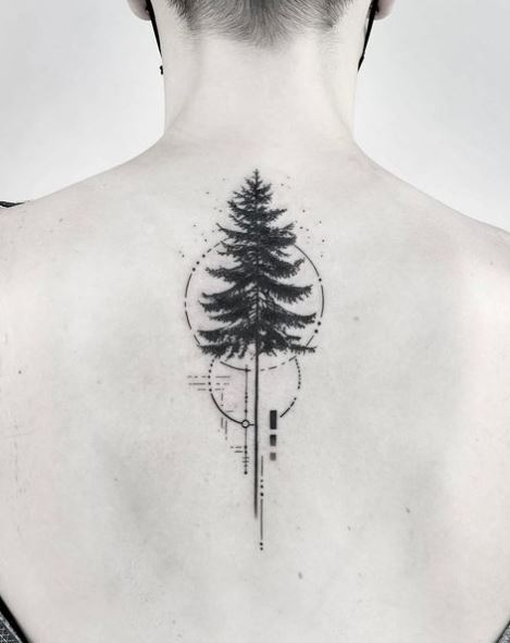 Black Pine Tree Spine Tattoo