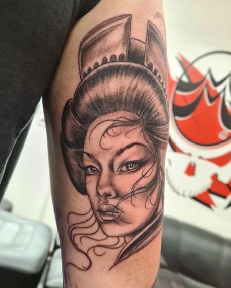 Grey Shaded Realistic Geisha Arm Tattoo