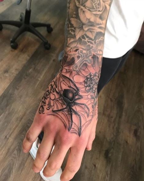 Spider Web and Black Widow Hand Tattoo