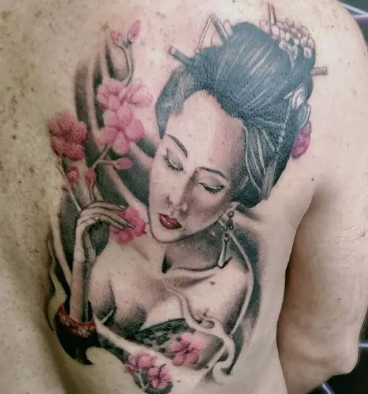 Pink Flowers and Geisha Back Tattoo
