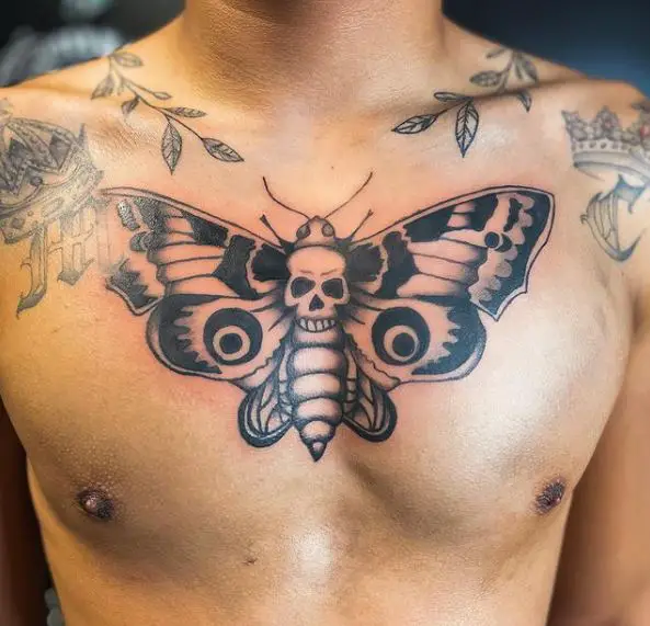 Crowns and Death Moth Chest Tattoo
