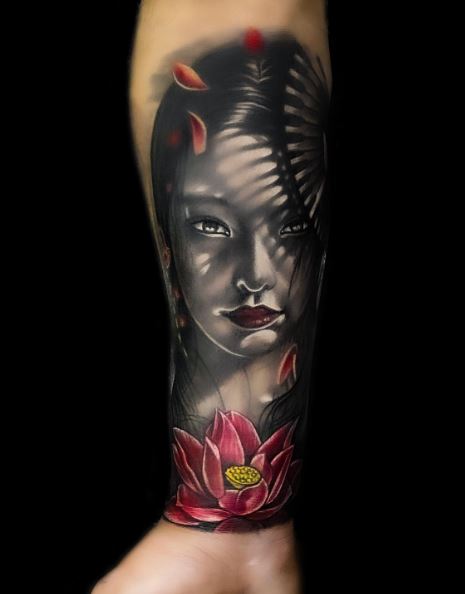 Lotus Flower and Shaded Geisha Forearm Tattoo
