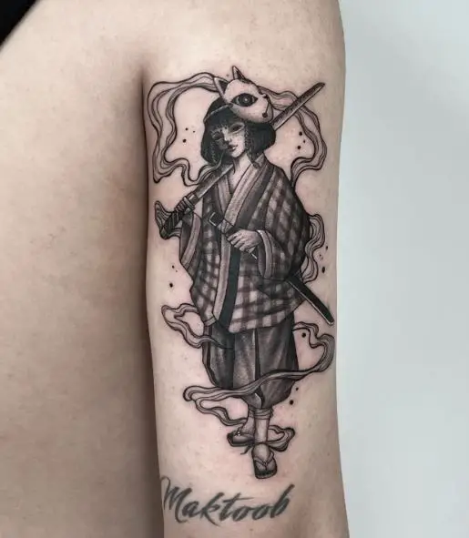 Samurai with Mask and Katana Arm Tattoo