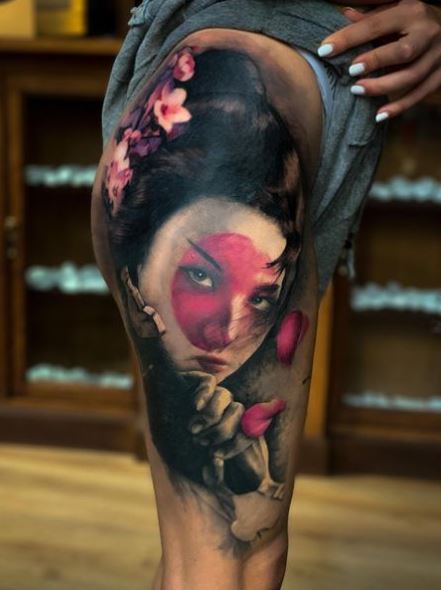 Colorful Geisha with Flowers in Hair Thigh Tattoo