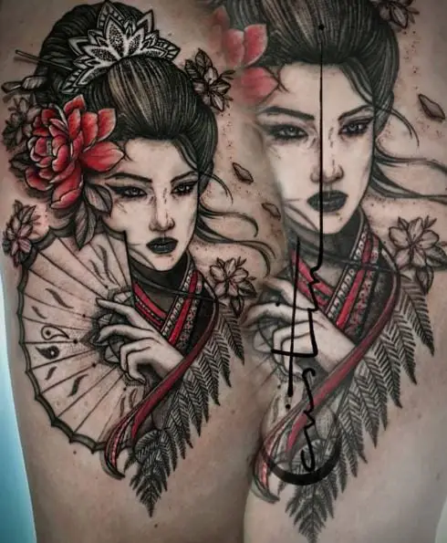 Geisha in Kimono with Hand Fan Tattoo
