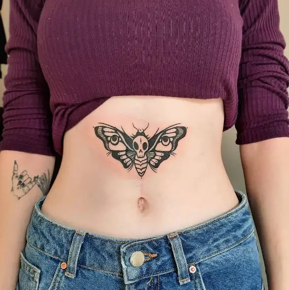 Black Death Moth Stomach Tattoo