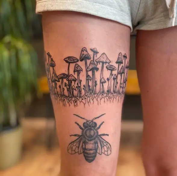 Bee and Mushrooms with Roots Thigh Tattoo