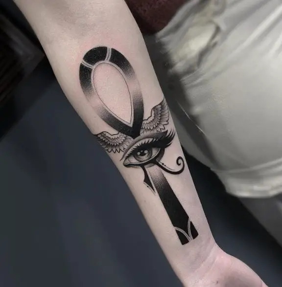 Realistic Eye of Ra on Ankh Forearm Tattoo