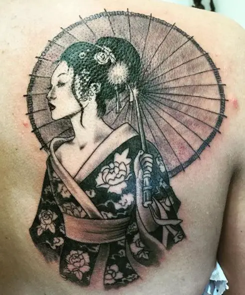 Geisha in Kimono with Umbrella Back Tattoo