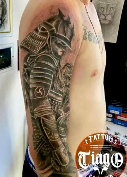 Grey Samurai Warrior Arm Tattoo