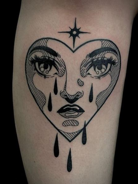Star and Black Crying Heart Arm Tattoo