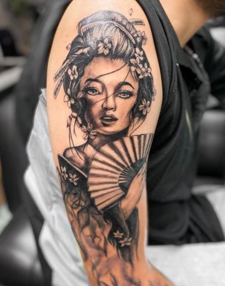 Geisha with Hand Fan Arm Tattoo