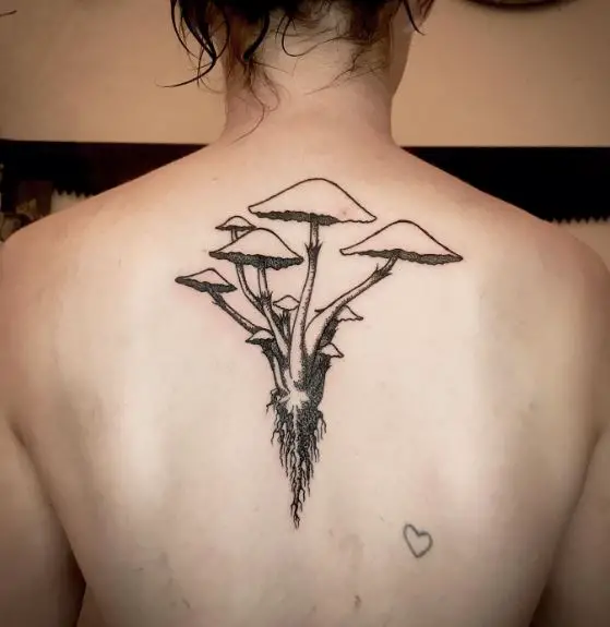 Black Mushrooms with Roots Spine Tattoo