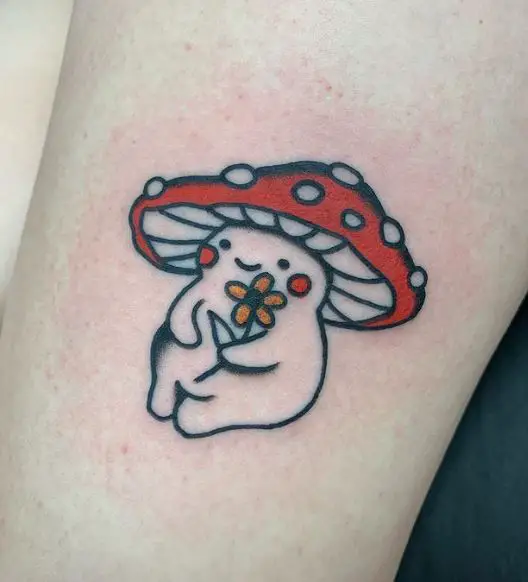 Red and White Mushroom with Flower Tattoo