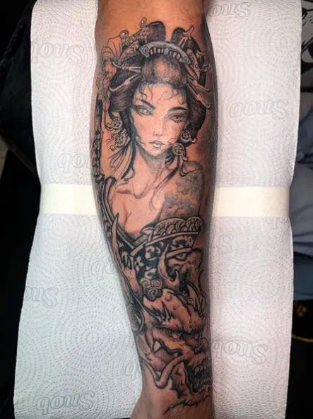 Black and Grey Dragon and Geisha Forearm Tattoo