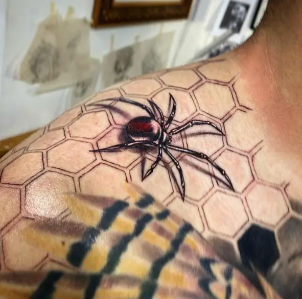 Honeycomb and Black Widow Shoulder Tattoo