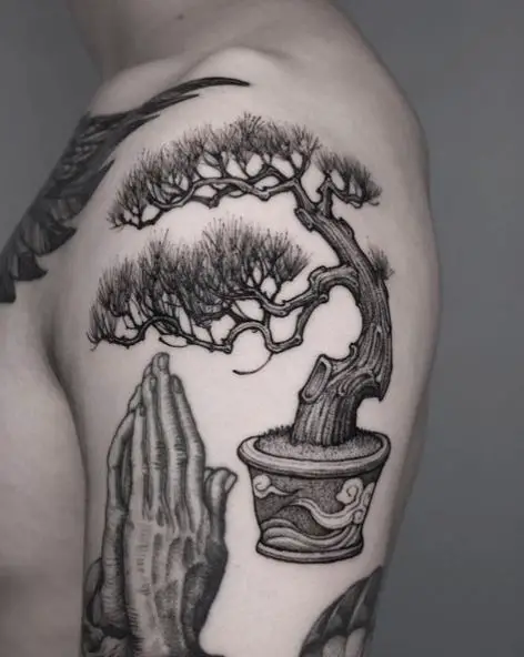 Praying Hans and Pine Tree Arm Tattoo