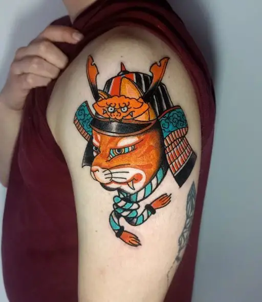 Cat Samurai Arm Tattoo