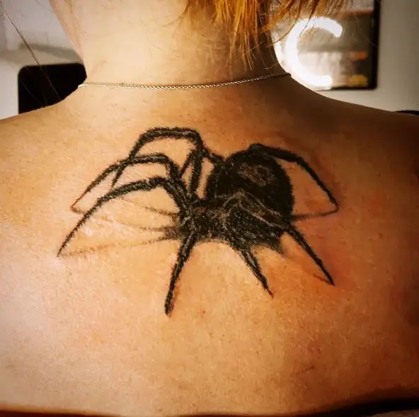 Realistic Black Widow Back Tattoo
