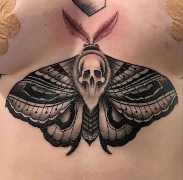 Black and Grey Death Moth Stomach Tattoo
