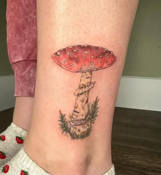 Red Mushroom with Leaves Ankle Tattoo
