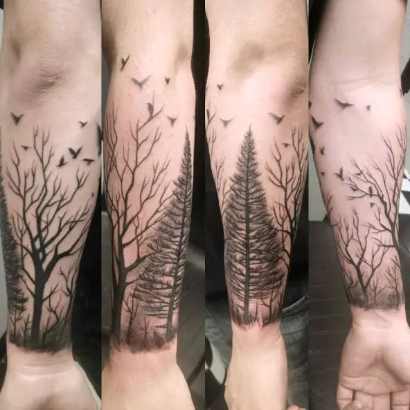 Birds and Trees Forearm Tattoo