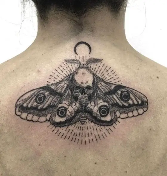 Half Moon and Death Moth Back Tattoo