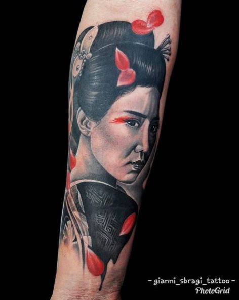 Red Leaves and Geisha Forearm Tattoo