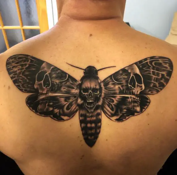 Death Moth with Skulls on Wings Back Tattoo