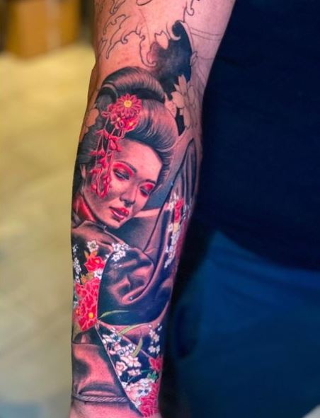 Colorful Geisha with Flowers in Hair Forearm Tattoo