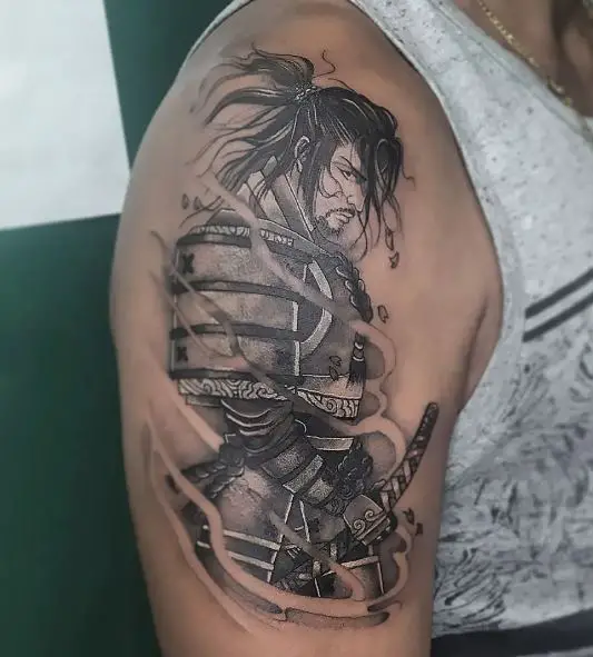 Grey Samurai with Katana Arm Tattoo