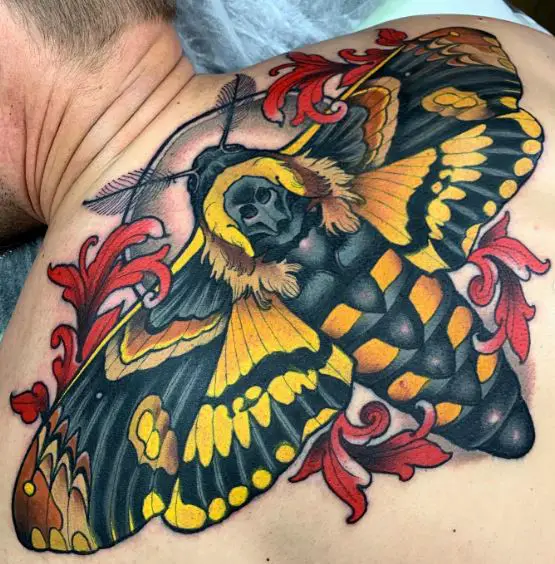 Colorful Death Moth Back Tattoo