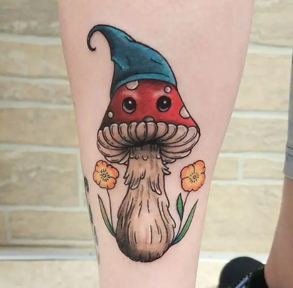 Red Mushroom with Eyes and Hat Leg Tattoo