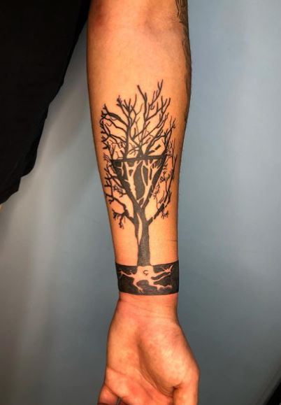 Black and Grey Tree with Roots Forearm Tattoo